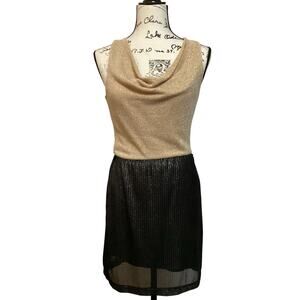 Vintage Just Me Glittery Sleeveless Knit Dress Backless Metallic Gold Black Mini